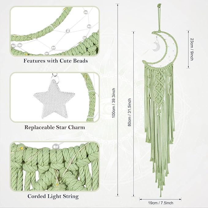 ANROYE Boho Macrame Woven Wall Hanging, Crochet Crescent Moon Star Dream Catcher with Long Tassel- Green Cotton Handmade Bohemian Home Decor Nursery Decoration Art for Kids Bedroom Dorm Room
