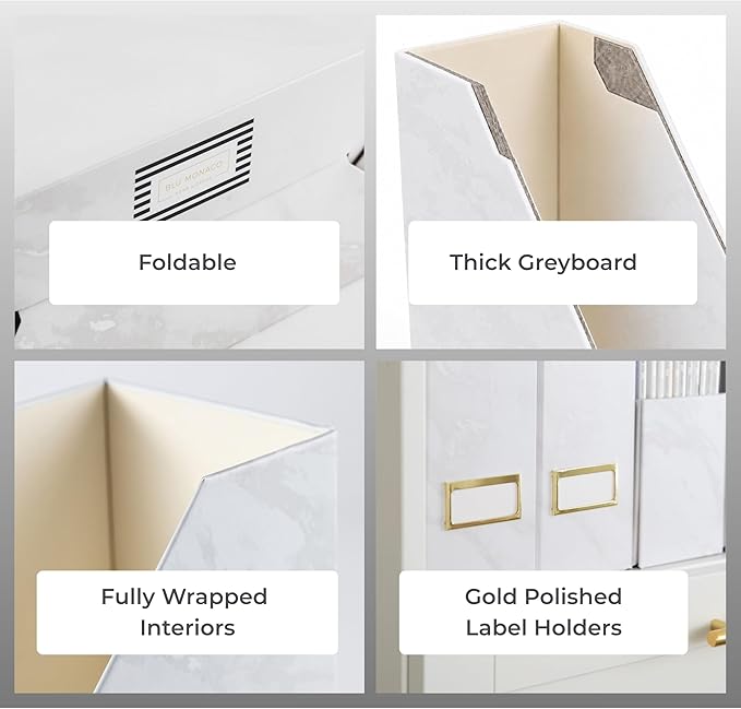 BLU MONACO Set of 4 Magazine Holders | White Marble Design with Gold Label Holders | Foldable File Organizer Boxes for Desk, Office & Classroom | Stylish Paper & Magazine Storage