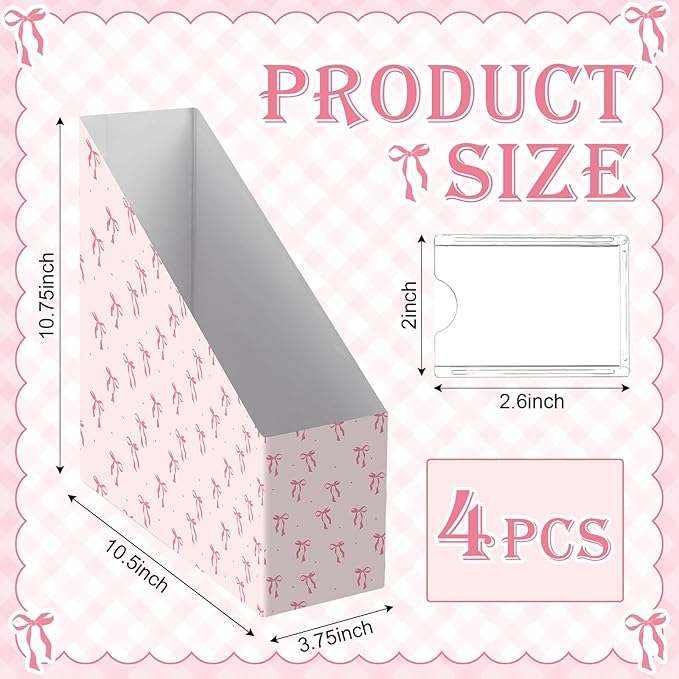 AmazingSpark Set of 4 Pink Bow Magazine File Holder Decorative Foldable Cardboard Magazine Storage Boxes with Acrylic Label Holders Coquettish Boho Organizer for Office Home Organization Storage