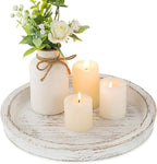 Hanobe Candle Plate Holder Tray: Round White Wood Decorative Tray Decor - Rustic Farmhouse CoffeeTable Decor - Tealight Pillar Trays for Home Decor