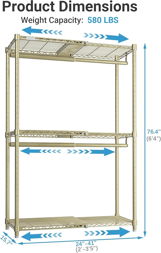 VIPEK X1 Expandable Clothes Rack Heavy Duty Adjustable from 2' to 3'5" with Adjustable Shelves and Hanger Rods, Reach-in & Walk-in Closets Metal Garment Racks Portable Closet, Gold