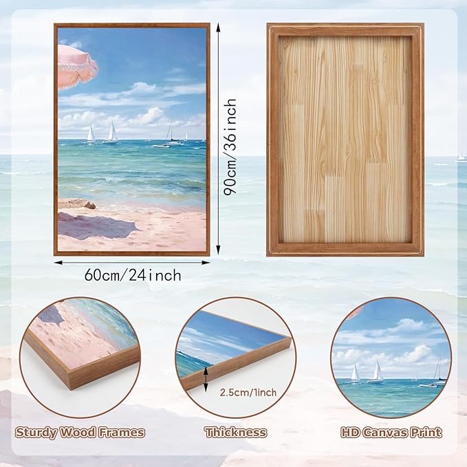 KAlRNE Summer Pink Beach Framed Canvas Wall Art Set of 3(24”X36”),Seascape Coastal Surfing Wall Decor,Modern Nature Ocean Art Prints For Living Room Bedroom Office