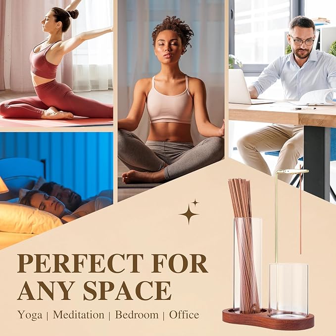 2 in 1 Incense Holder for Sticks with Glass Ash Catcher, Upside Down Anti-Ash Incense Stick Burner for Outdoor Patio, Modern Vertical Incense Holder for Home Decor, Spa, Meditation and Reddish Brown
