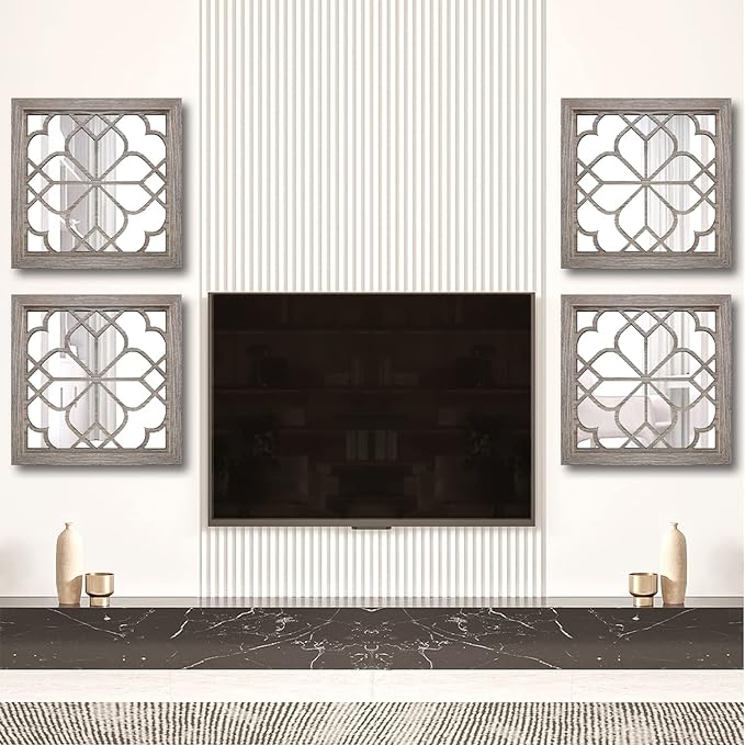 Wocred Set of 4 Mirrors Square Wall Mirror,Gorgeous Rustic Farmhouse Accent Mirror,Barn Wood Color Entry Mirror for Bathroom Renovation,Bedrooms,Living Rooms and More(12”x12”-4pcs)