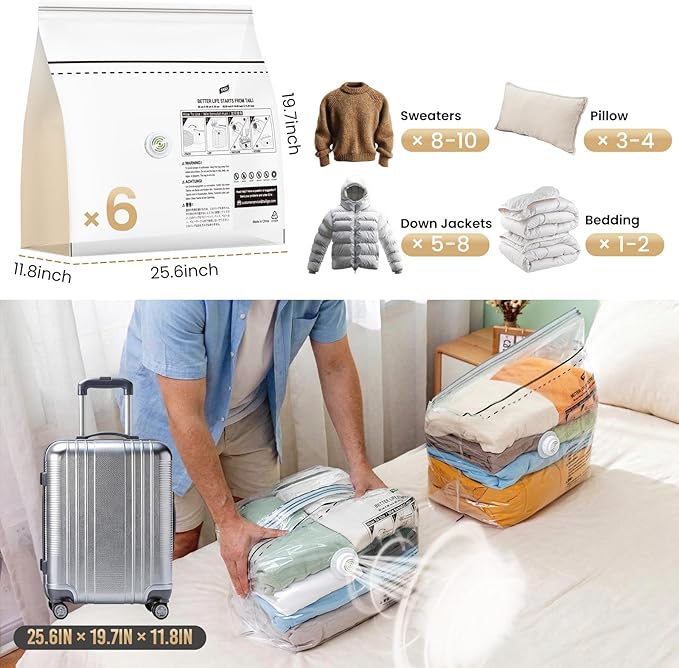 TAILI 6 Pack Cube Vacuum Storage Bags, Medium Size (25x19x11 inch), Vacuum Seal Bags for Clothing, Travel Compression Packing for Clothes, Blankets, Baby Clothes, Travel Essential