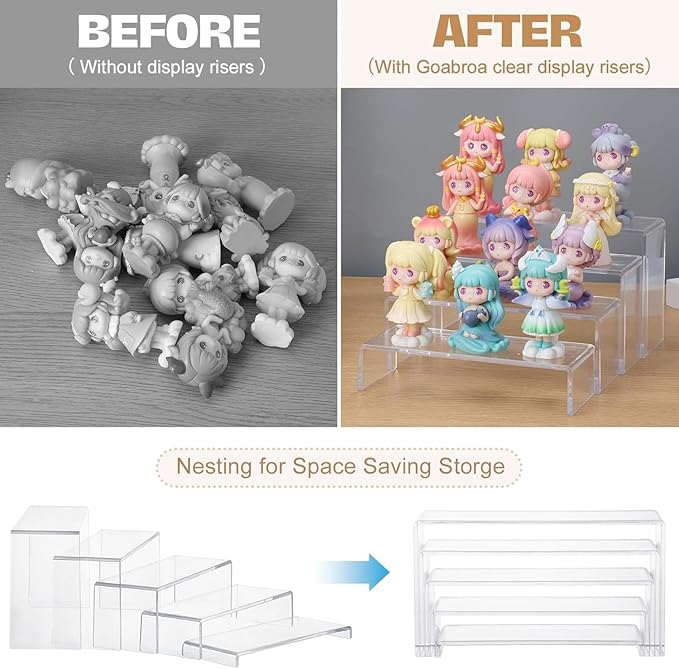 Goabroa 10 Pcs 12" Large Display Risers, 2 Sets Rectangular Clear Display Shelves for Funko Pop Figures, Cupcake Holder, Collection, Display Stands for Vendor Events