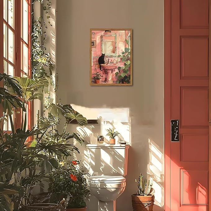 Framed Funny Bathroom Black Cat Wall Art, Vintage Cute Cat on Sink Pictures Wall Decor, Humor Animal Watercolor Paintings Canvas Prints for Restroom 12x16 inch