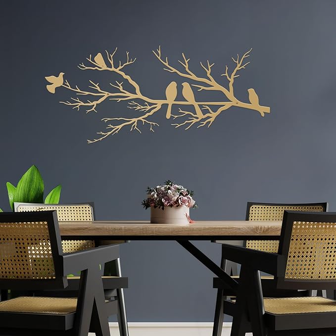 ESTART Metal Birds Wall Art, Metal Vivid Birds on Branch Silhouette Wall Decor Gold Leaves with Bird Outdoor Hanging Wall Sculpture for Home Living room Bedroom Balcony Garden (Gold, Large)