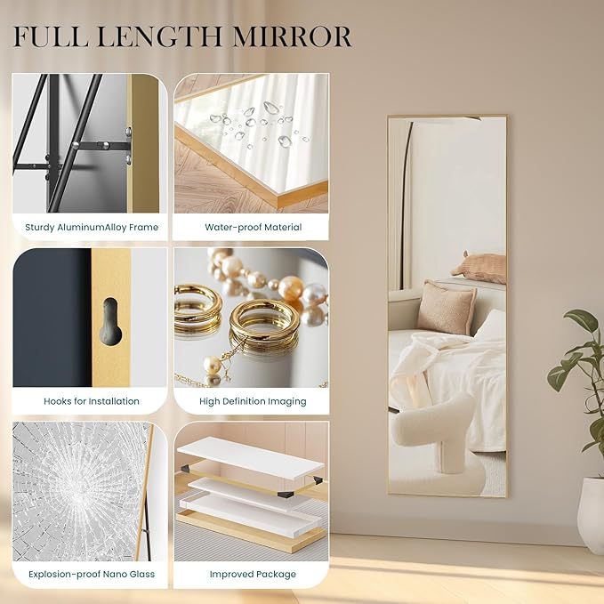 DUMOS 59"x16" Full Length Mirror, Full Body Mirror with Aluminum Alloy Thin Frame, Standing Mirrors with Leaning or Hanging, Suitable for Bedroom, Livingroom, Cloakroom, Gold