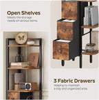 YATINEY Corner Shelf Stand, 5-Tier Corner Bookshelf with 3 Drawers, Industrial Display Shelf for Narrow Spaces, Wooden Small Bookcase, Easy Assembly, Rustic Brown and Black CJ10BR
