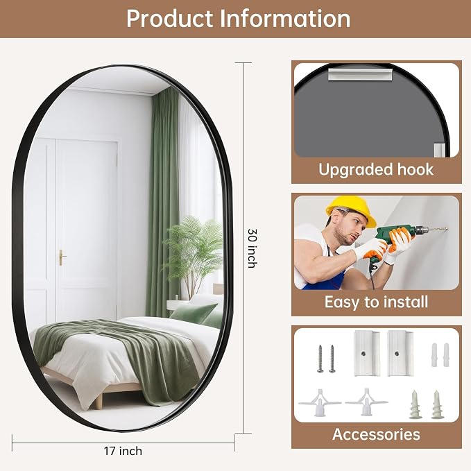 Black Oval Mirror, 17"x30" Oval Bathroom Mirror, Matte Black Mirror with Aluminium Alloy Frame, Anti-Rust, Tempered Glass, Wall-Mounted Modern Mirror for Bathroom, Bedroom, Living Room
