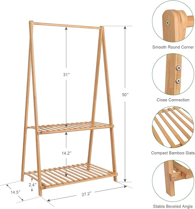 Small Clothes Rack Kids Dress Up Storage for Playroom, Toddlers Bedroom, Bamboo Child Garment Rack with 2 Tier Storage Shelf, Kids Clothing Rack Costumes Organizer
