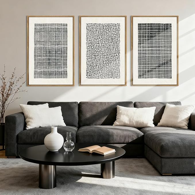 BINCUE Abstract Line Wall Art Set of 3 Modern Neutral Black Wall Decor Geometric Minimalist Artwork Framed Black Wall Pictures Abstract Black Wall Art Neutral Minimalist Artprints for Living Room Bedroom Office Bathroom 24"x36" Gift