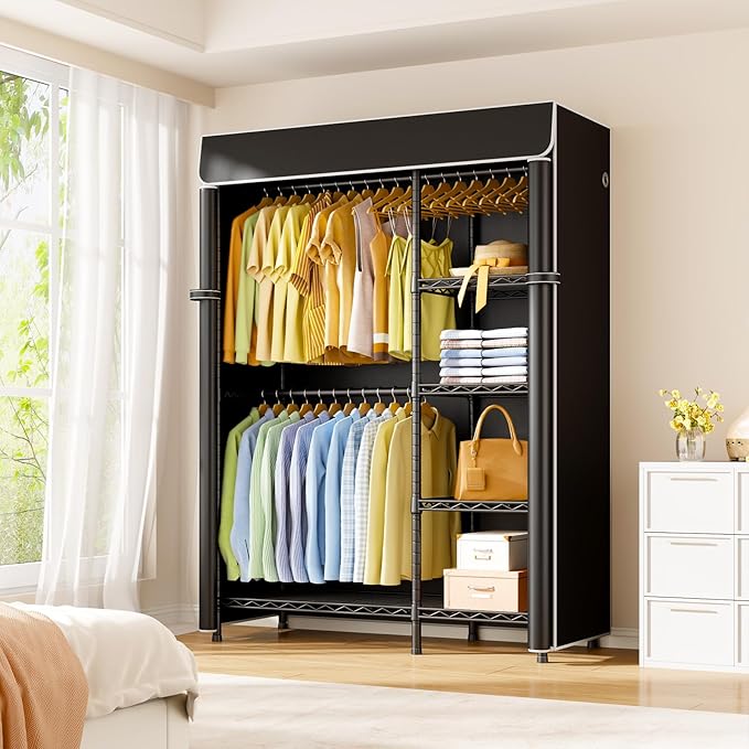 F2C Clothes Rack with Cover, Clothing Racks for Hanging Clothes, Heavy Duty Garment Rack with Shelves and Hanger Rods, Black Closet with Black Cover, 47.2" W x 16.5" D x 78.3" H, Load 630lbs