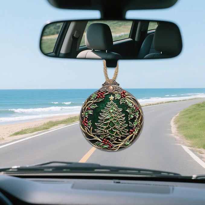 DASTOLL Stained Glass Christmas Decorations, Vintage Patina Wreath Suncatcher for Window Christmas Tree Hanging Ornaments Green Sun Catcher Xmas Decor Gifts for Women Men Mom Nana Friend