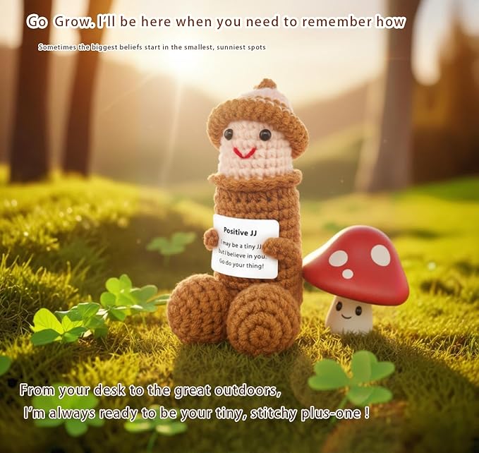 Funny Positive Crochet Animals Gag Doll Emotional Support Stuffed plushies for Adult Men Women,Weird Things Motivational White Elephant Christmas Gift(Brown JJ with Hat)