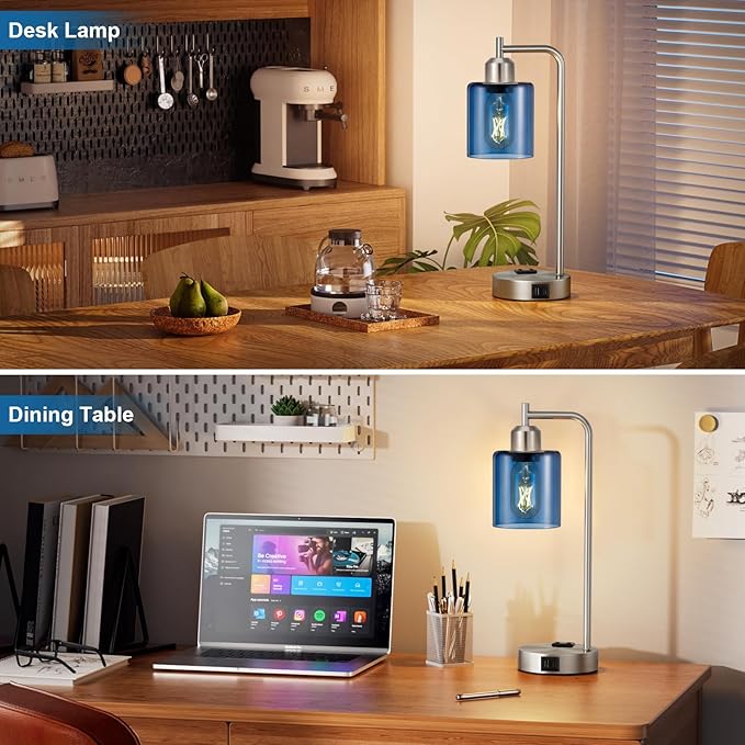 Innqoo Industrial Blue Table Lamps for Bedrooms Set of 2-3-Way Dimmable Desk Lamp with USB C+A Ports and Outlet, Nickel Lamps with Green Glass Shade for Living Room