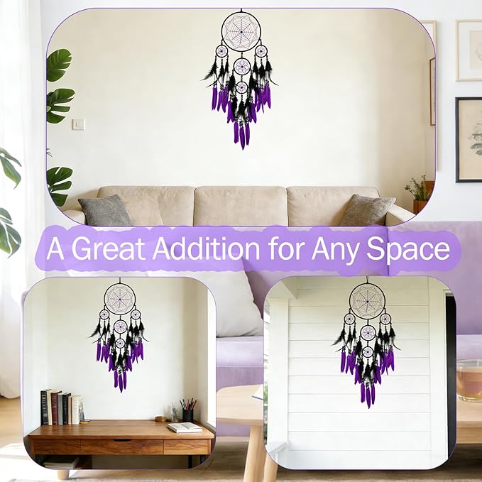 Purple and Black Dream Catcher Large Dream Catchers Wall Decor Handmade Feather Dreamcatcher Wall Hanging Ornament for Bedroom Living Room Home Decor