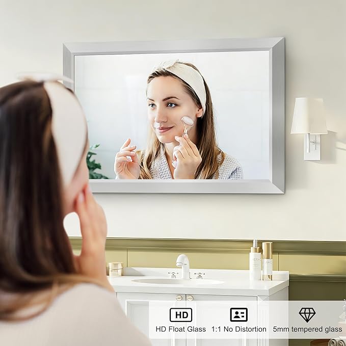 Bathroom Mirror for Over Sink,22x30Inch Silver Thick Anti-Rust Metal Frame, Rectangle Decorative Wall Mirror with HD Tempered Glass, Horizontal or Vertical Mount for Vanity, Bathroom,Living Room