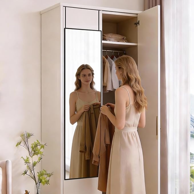 DUMOS 47x14 Inch Full Length Mirror Over the Door, Wall Mounted Full Body Mirror, Door Hanging Metal Aluminum Alloy Frame Dressing Mirrors for Bedroom, Living Room, Entryway, Black