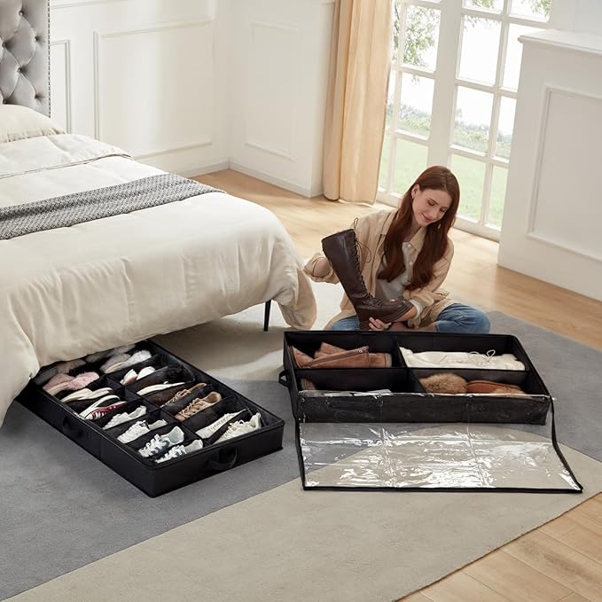 Lifewit Under Bed Shoe Storage Organizer 4 Pack(2x16 Pairs+2x4 Pairs), 4.3" Tall Fabric Shoes Container Box, Foldable Closet Shoe Bag with 2 Reinforced Handles and Clear Cover, Black