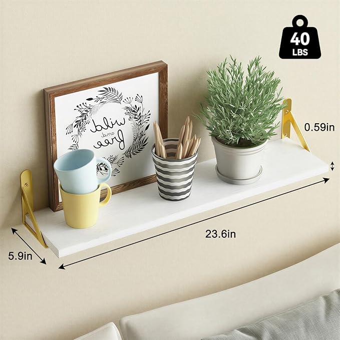 YGEOMER White Floating Shelves for Wall, Farmhouse 23.6 Inch Wall Shelves for Bedroom, Bathroom Storage, Living Room and Kitchen Decor (Set of 6 White)