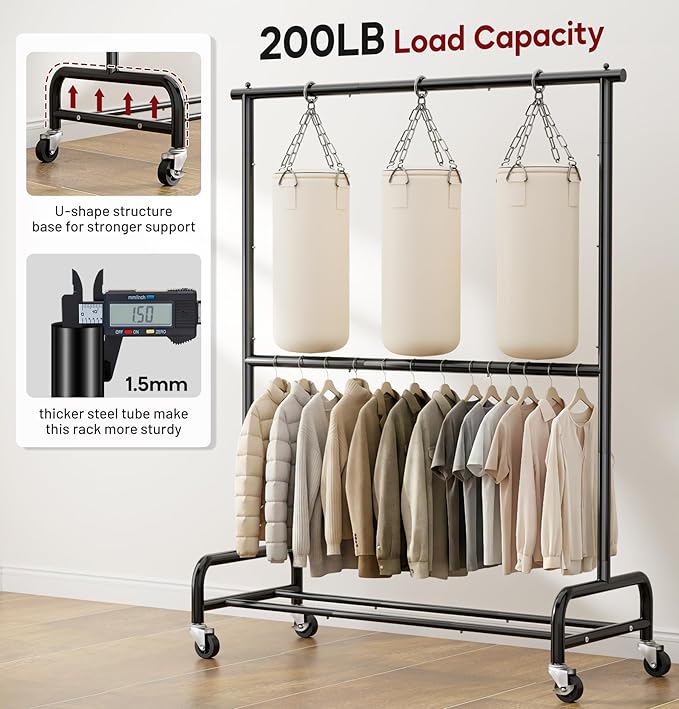 SLEEPING LAMB Heavy Duty Clothes Rack with Wheels, Metal Rolling Garment Rack for Hanging Coats, Shirts (Black)