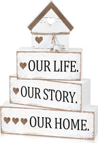 Cinnvoice 4 Pcs Farmhouse Tabletop Decor Rustic Family Blessed Home Table Centerpiece This Is Us Sign for Kitchen Shelf Desk Fireplace Mantel Tiered Tray Decor(Distressed Our Life Story Home)
