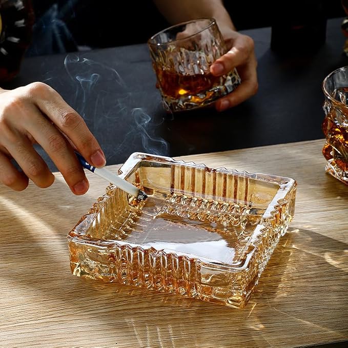 Handmade Glass Ashtray, Ashtray Ash Holder for Indoor or Outdoor Patio Desktop Office Smokers, Ash Tray for Tabletop Home Office Decor (Amber, M)