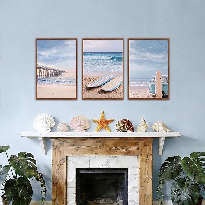 KAlRNE Coastal Beach Wall Art Set of 3(16’’X24’’),Framed Pastel Ocean Canvas Prints with Surfboards,Surf Prints,Neutral Retro Beachy Framed Art Decor for Living Room Bedroom Office