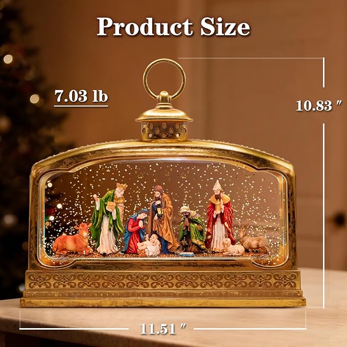 Christmas Snow Globes, 11.4" Nativity Glitter Water Lantern with Song, 6H Timer Battery & USB Powered Music Box for Christmas Decorations Indoor