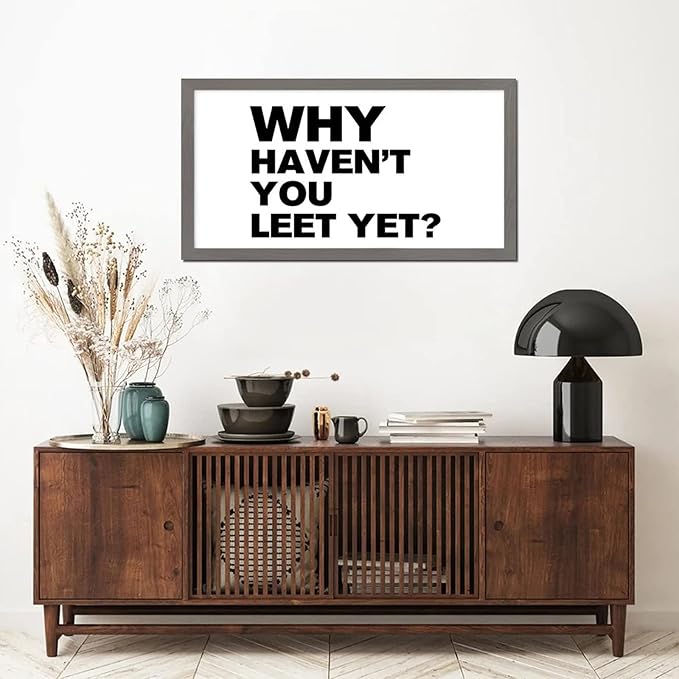 Positive Saying Hanging Wall Sign with Family Quote Why Haven't You Eet Yet Gray Frame Wooden Plaque Birthday Housewarming Gift for Office Cafe Bar Farmhouse Porch Cottage Wall Decor 12x22in