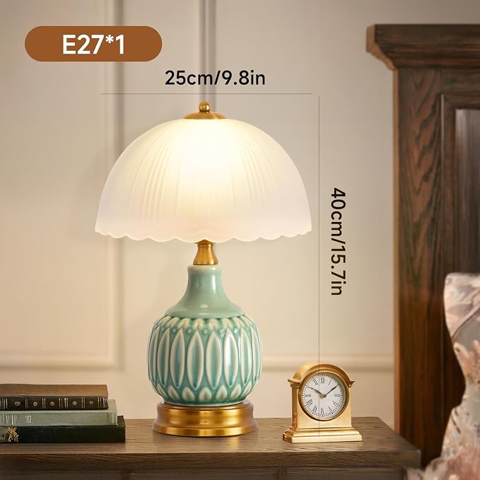 Table Lamps Ceramic Retro Lamp for Living Room,15.7" Modern Bedside Nightstand Traditional Lamps, Classic Chinoiserie Green Glass Lamp for Home (Retro)