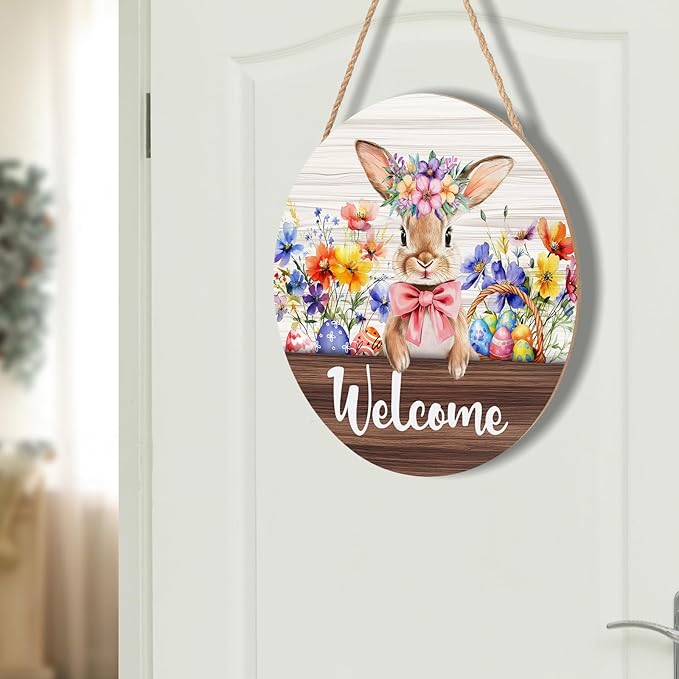 Hello Spring Easter Bunny Rabbit Sign for Front Door 12”x12” Summer Welcome Easter Wood Door Hanger for Outdoor Outside Porch Farmhouse Flowers Wooden Wreath Indoor Outdoor Wall Hanging Decoration