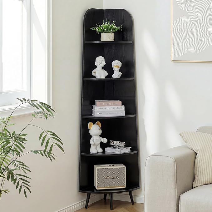 VECELO Large Tall Corner Shelf, 66.93" H 5-Tier Corner Storage Organizer, Freestanding Corner Display Rack for Living Room Bedroom Home Office, Black