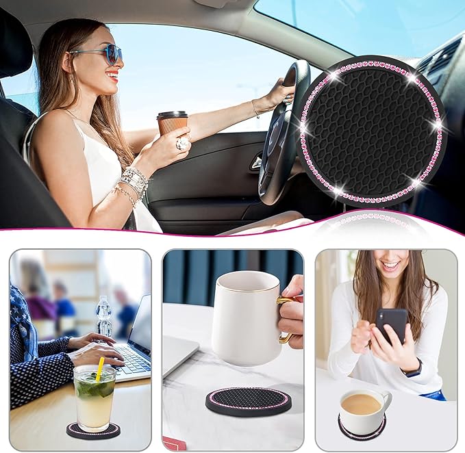 4 Pack Car Coasters, Universal Vehicle Bling Car Coaster, Cute Rhinestone Coaster for Cup Holders,Interior Accessories 2.75'' Silicone Anti Slip Car Coasters for Women (Pink Crystal Circle)