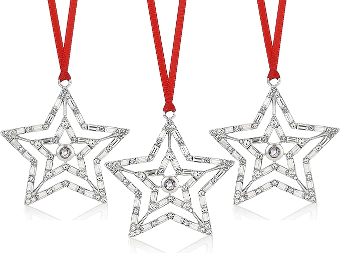 Set of 3 Christmas Hanging Ornaments - Silver Snowflake Star Pawprint Christmas Tree Decor for Xmas Tree Gift Decorative Hanging Ornaments Hanging Pendants (3, Silver Star)