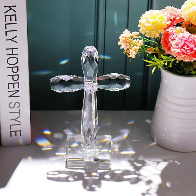 YWHL Crystal Standing Cross Decor, Religious Easter Gifts for Women Men, Handmade Glass Holy Cross Collectible Figurines for Home Decoration, Christmas Decoration for Pary