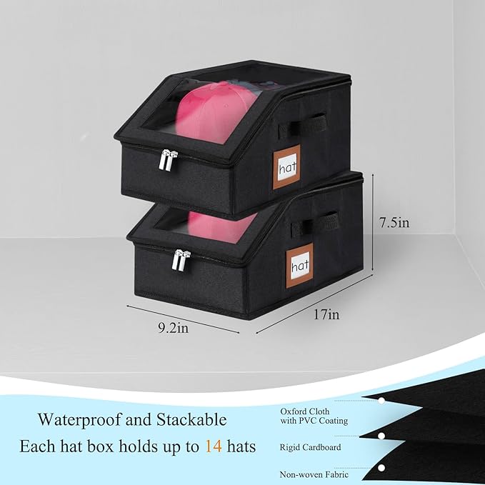 4 Pack Hat Storage for Baseball Caps-Holds Up to 56 Caps, Hat Organizer for Closet Stackable Hat Box with Cardboard, Dust-proof Beanie organizer with 2 Handles for Home Travel (Black, 4Pack-Small)