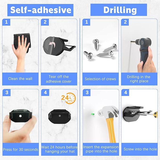 16 Pack Adhesive Hat Hooks for Wall, Strong Hat Rack for Baseball Caps, Hat Organizer Display for Home Decor, Hat Hold Hanger for Wall, Door, Closet, No Drilling - USA Patented (Black)