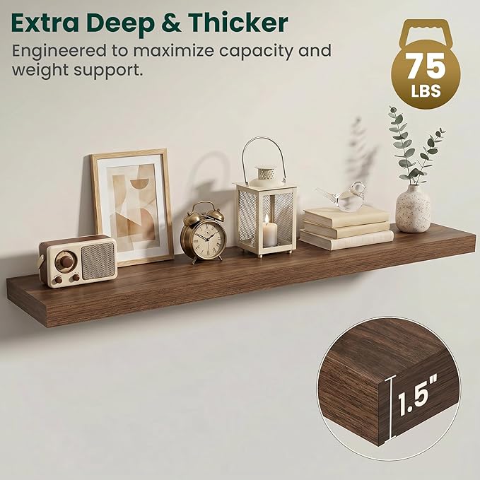 Floating Shelves for Wall 55 in x 9.3 in Deep, Wall Mounted Rustic Wood Shelf with Invisible Brackets for Storage & Display, Living Room Bedroom Bathroom, Walnut, 1 Pack
