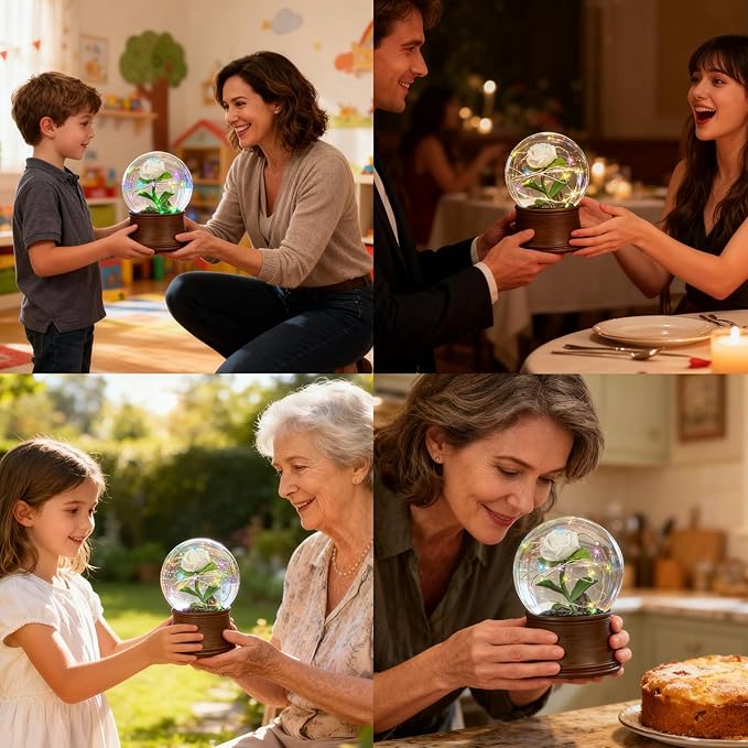 Rose Snow Globe Music Box, Preserved White Rose Flower Musical Snow Globes, LED Light Up Rose Snowglobe Water Globe Romantic Gift for Women Girls in Mother's Day, Anniversary, Christmas