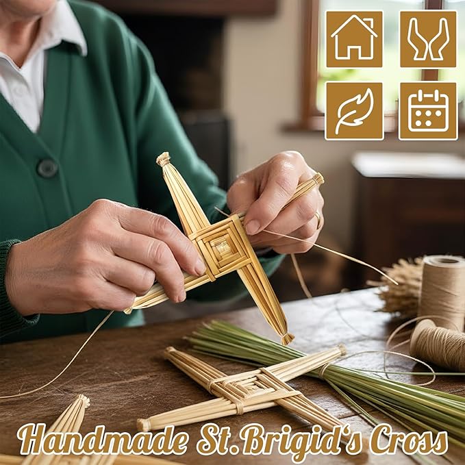 Kathfly 2 Pcs St. Brigid's Wall Cross and Card Irish Gift Saint Brigid's Cross History Card Irish Blessing Gift Ireland Hanging Wall Traditional Decor for Celtic Imbolc Home(10 in,Classic,Straw Color)