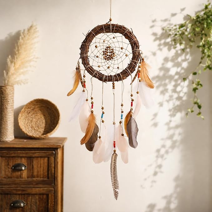 Rattan Dream Catchers with Peacock Feather, Boho Wall Decor Rustic Wooden Native American Wall Art for Bedroom Living Room (Pink Brown Mix)