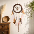 Rattan Dream Catchers with Peacock Feather, Boho Wall Decor Rustic Wooden Native American Wall Art for Bedroom Living Room (Pink Brown Mix)