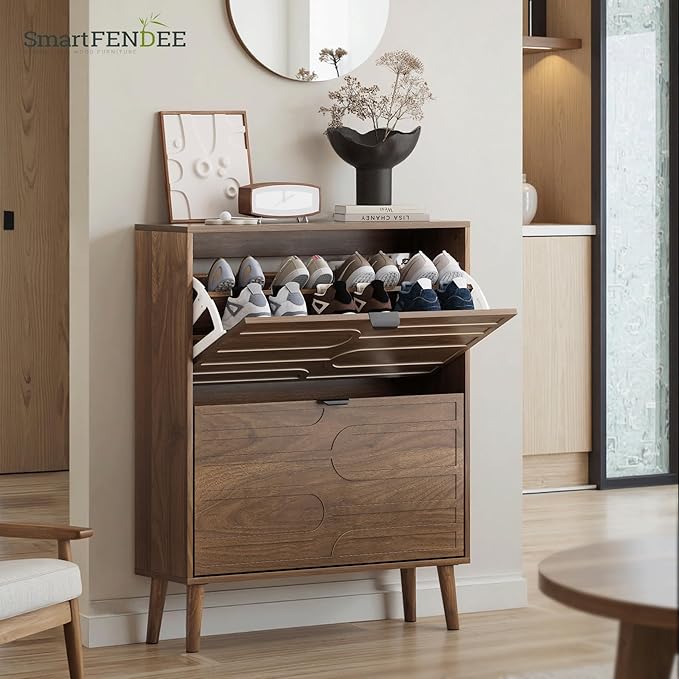 Shoe Cabinet with 2 Flip Drawers, Freestanding Shoe Storage Cabinet with Fluted Panel Design, Hidden Shoe Organizer Rack for Enterway, Hallway, Foyer, Walnut