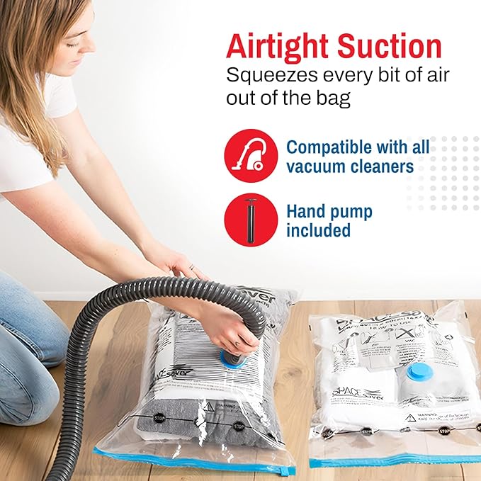Spacesaver 4 Pack Large Vacuum Storage Bags for Comforters, Blankets & Clothes – Vacuum Sealed Compression Bags with Hand Pump – Space Saver Storage Bags for Bedding, Moving, Travel & Organization