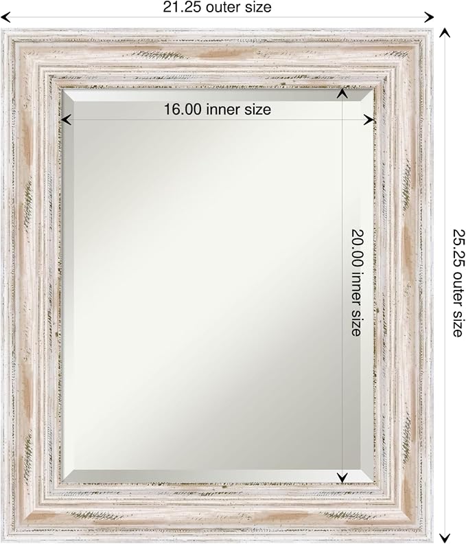 Amanti Art White Wall Mirror 25x21 Alexandria White Wash Rectangle Bathroom Mirror for Wall Decor Living Room, Small Cottage Wood Frame, Hangs Horizonally and Vertically, Bathroom Decor, Beveled Edge