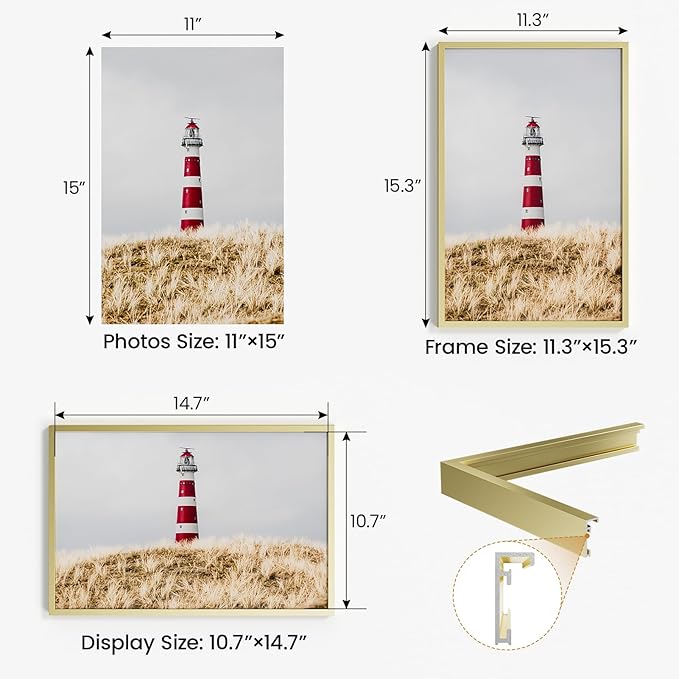 11x15 Aluminum Metal Picture Frame,Tempered Glass Gold Photo Frame 11x15 for Family Photo,Posters,Art,Document to Wall Mount Horizontally or Vertically