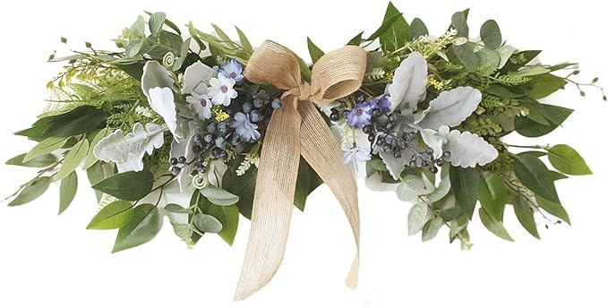 25.6 Inch Floral Swag, Artificial Eucalyptus Leaves Swag with Daisy Flower and Blue Berries, Green Leaves Wedding Arch Flowers, Greenery Swag for Front Door Wall Decor